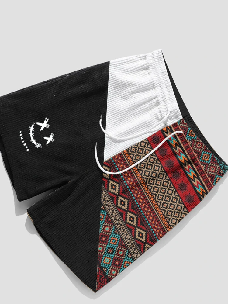 (image for) Mens Ethnic Geometric Funny Face Pattern Patchwork Corduroy Shorts